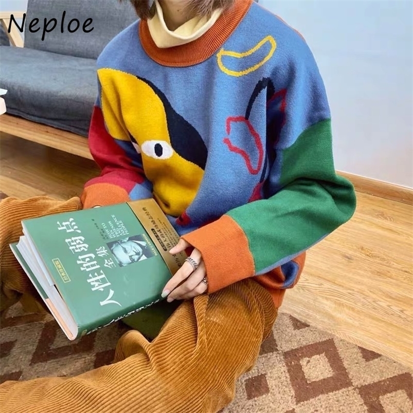 

Women's Sweaters Neploe Japanese Style Women Sweaters O-neck Long Sleeve Cartoon Pattern Jacquard Female Pullover Loose Girl Autumn Knit Tops 221006, Panelled