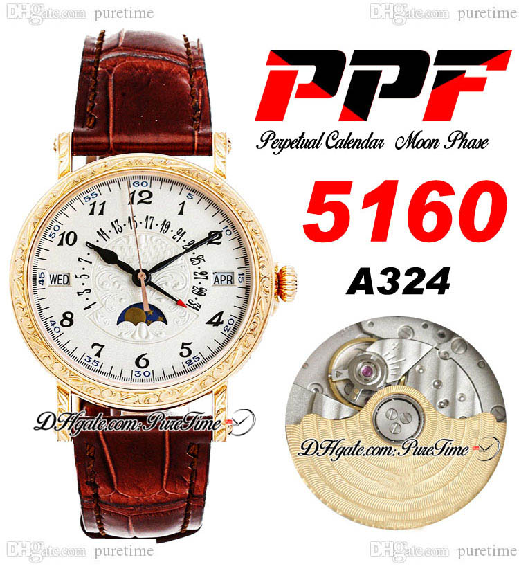 

PPF Perpetual Calendar 5960R A324 Automatic Mens Watch Moon Phase 38 Rose Gold Engrave Silver Flower Totem Dial Blue Roman Brown Leather Super Edition Puretime F6