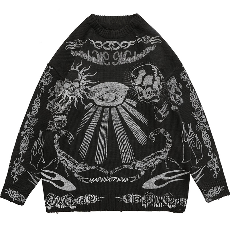 

Women's Sweaters Gothic Fashion High Street Harajuku Punk Rock Hip Hop Skull Flame Dark Y2K Crew Neck Long Sleeve Warm Knit Sweater Girl 90S 221006, Black
