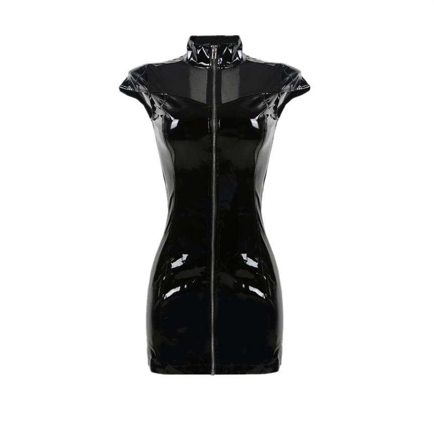 

Sexy Nighty High Collar PVC Latex Faux Leather Fetish Gothic Zipper Woman Mini Lace Up Clubwear Black Pencil Dress278v, As pic