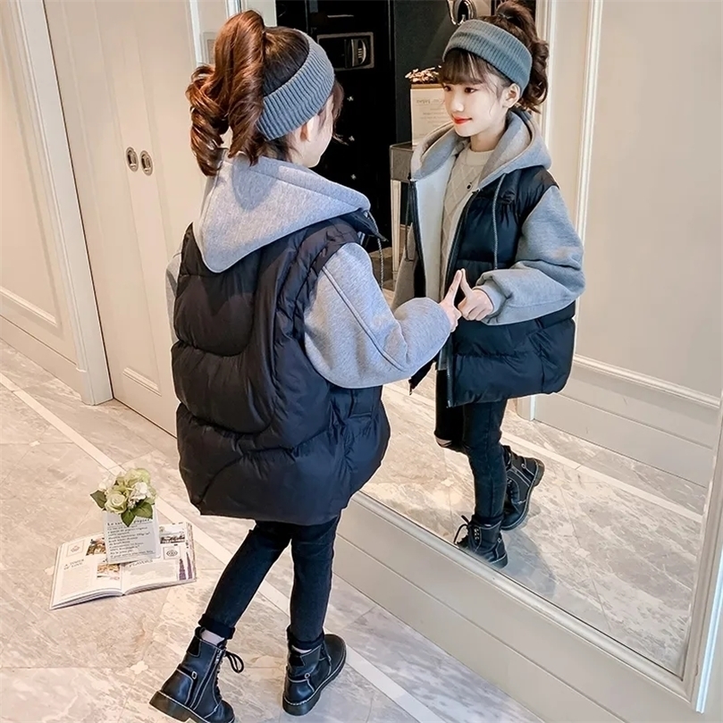 

Down Coat Girls Winter Down Cotton Parkas Coat Children Fake Two Pieces Hooded Thick Jackets for Girls Warm Outwear Overcoat 14 9 2201006, Beige