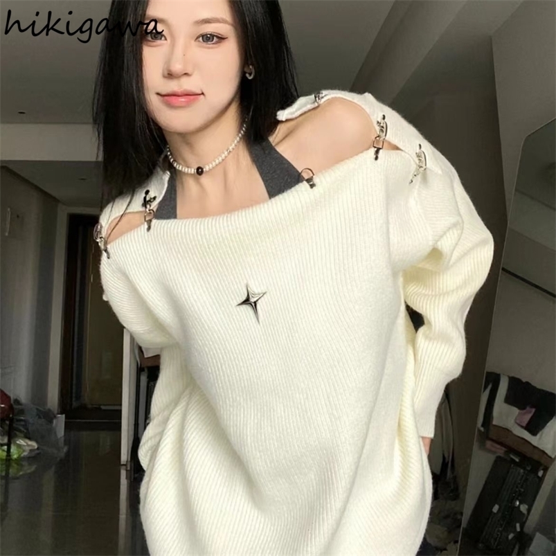 

Women' Sweaters Ropa Mujer Harajuku Pullovers for Women Sexy Slash Neck Hollow Out Jumper Oversized Tops Fashion Knitted Sweaters Jackets 221006, White