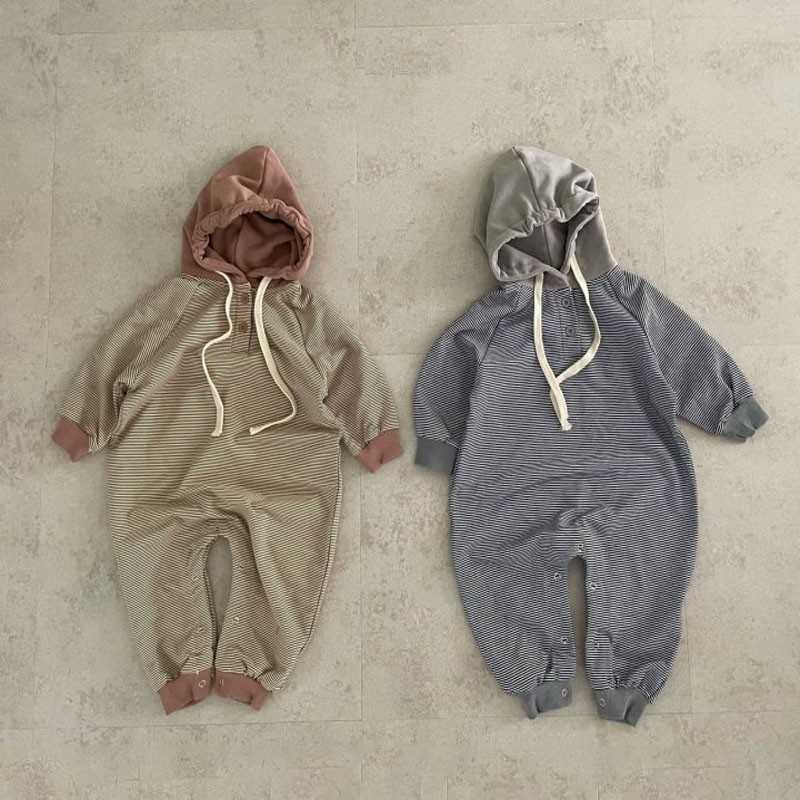 

Rompers 2022 Autumn Winter Newborn Baby Girls Random Striped Hooded Jumpsuit Girls Loose Soft Simple Cotton Jumpsuit Kid Outfits J220922, Grey