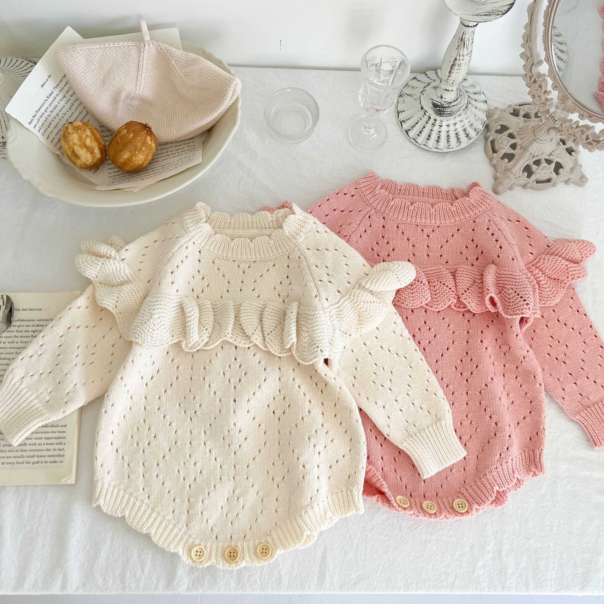 

Rompers Baby Girl Fashion Edges Collar Full Sleeves Hollow Out Jumpsuit Knitted Sweater Bodysuit One Piece Baby Girls Cotton Bodysuits J220922, White apricot