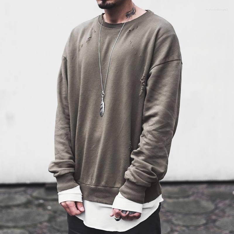 

Men's Hoodies High Street OVERSIZE Wormhole Hole Mens & Sweatshirts Hip Hop Olive Fashion Casual Pullover Ripped Skateboard Sweatshirt, Khaki