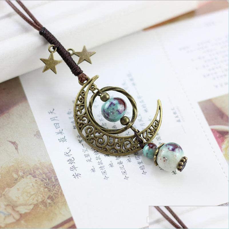 

Pendant Necklaces Vintage Moon Ceramic Beads Necklace Double Star Boho Women Statement Jewelry Adjustable Rope Chain Long Sw Sexyhanz Dhlf3