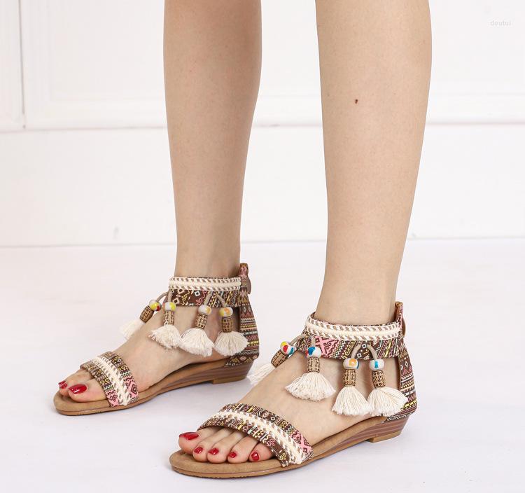 

Dress Shoes Bohemian Slope Heel Sandals American Summer National Style Open Toe Hanging Bead Tourism ROMAN For Women, Black