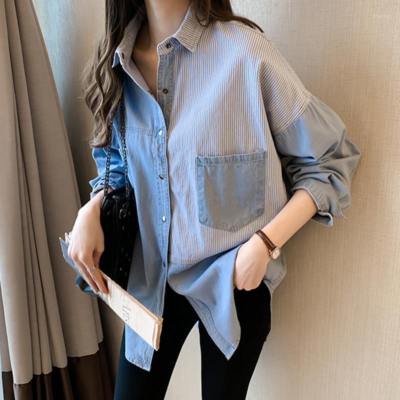 

Women' Blouses Women' & Shirts Spring Patchwork Striped Woman Fashion Tunics Chemise Vetement Femme 2022 Blusas DM001, Blue