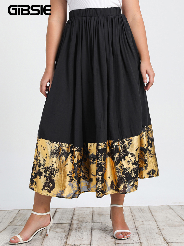 

Plus size Dresses GIBSIE Plus Size Spring Summer High Waist Print Black Skirts Womens Elegant Vintage Pleated Swing Aline Long Skirt Fashion 221006