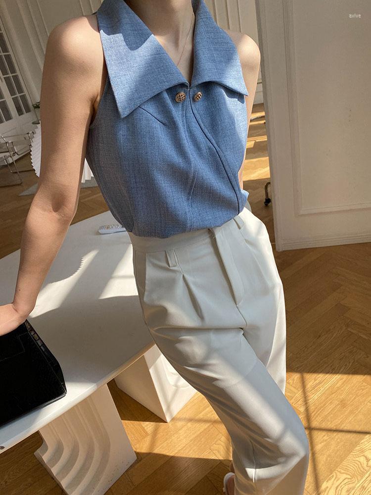 

Women' Blouses CamKemsey French Retro Big Turn Down Collar Off Shoulder Sleeveless Blue Shirts Women Chic Solid Summer Workwear