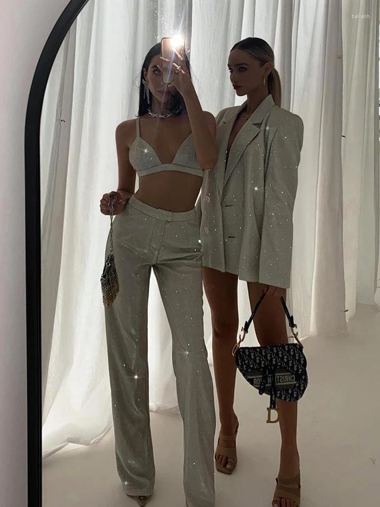 

Women' Two Piece Pants Women Glitter Silver Blazer And Set Elegant Sexy Sleeveless Crop Top 2 High Waist Suits Club Night Outfits, Underwear
