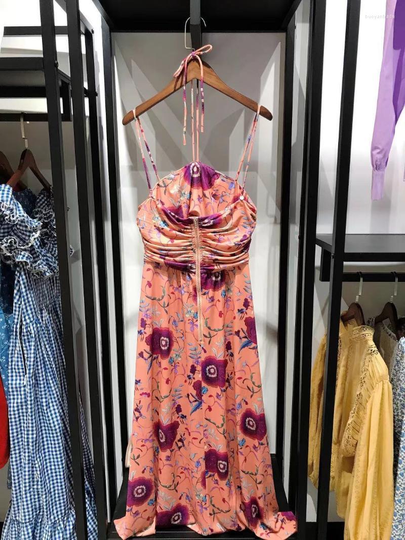 

Casual Dresses Summer 2022 Women' Shriveled Sling Ladies Sleeveless Floral Printed Off-Shoulder Zipper Sexy Midi Robe Female For BeachC, Dress