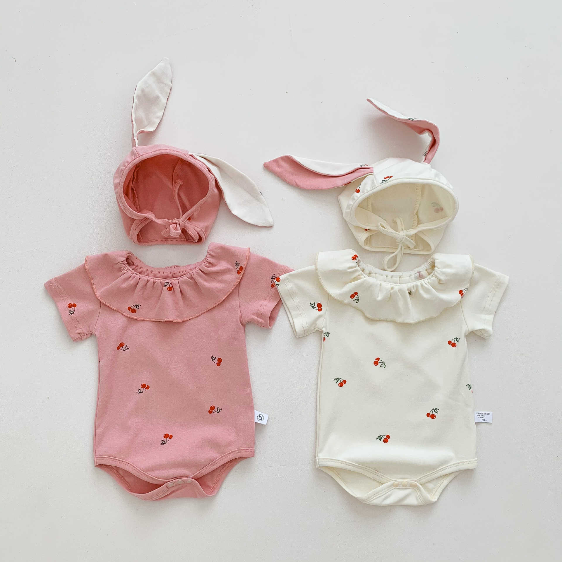 

Rompers Newborn Baby Girl Summer New Fashion Cherry Lotus Leaf Collar Jumpsuit Short Sleeves Cotton Bodysuit With Cute Rabbit Cap J220922, White