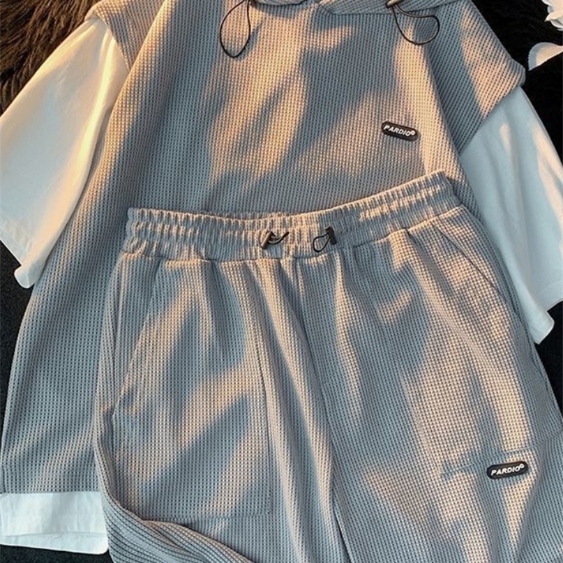 

Men's Tracksuits Summer Men's Large Size Sports Suit Breathable Casual Wear Wild High Street Chic Fake Two-piece Casual T-shirt Simple Shorts 221006, Gray pant