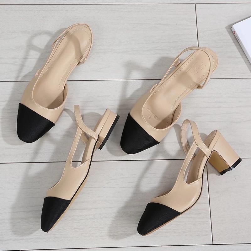 

Dress Shoes Chunky Single Women Summer Patchwork Shallow Sandals Side Cut Out Stretch Back Strap Slip On Slingback Mixed Color, Apricot 6.5cm