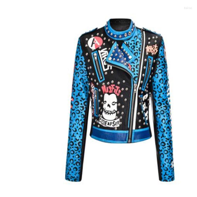 

Women' Leather Jacket Womens Letter Graffiti Print Rivet Short Street Coats Female Personality Leopard Clothes Blue Fashion