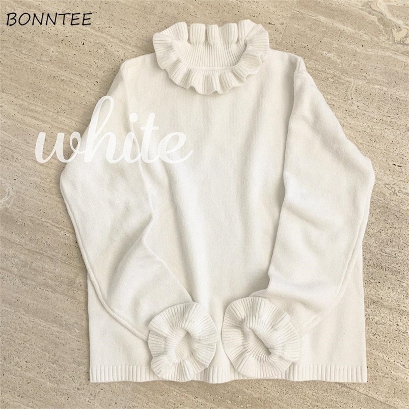 

Women' Sweaters Sweaters Women Kawaii Ruffles Design College Solid Chic Girls Sweater All-match Ulzzang Simple Soft Long Sleeve Ladies Knitwear 221006, White