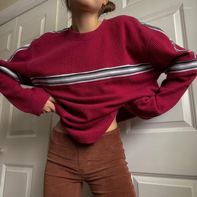 

Women' Hoodies FUFUCAILLM Harajuku Y2k Women Vintage Sweatshirt Loose Style Striped Pattern Long Sleeve Round Neck Pullover Baggy Sweat, Red