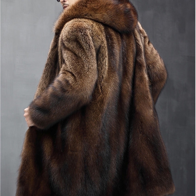 

Mens Fur Faux Fur PFHQ Trendy Mens Hooded Imitation Mink Hair Coat Winter Fashion Long Warm Casual Big Size Luxury Faux Fur Clothes 21Q4424 2201006, Brown