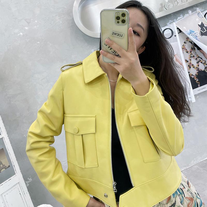 

Women's Leather Lady Real Jackets Crop Solid Zipper Bomber Coats Genuine Sheepskin Biker Jacket Short Coat Pocket Fashion Autumn ZM4047, Yellow