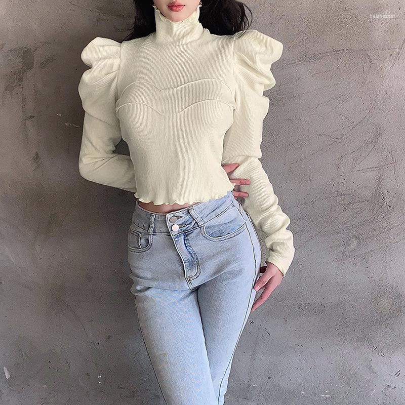 

Women' Sweaters Fashion Bubble Sleeve Turtleneck Knited Pullover Elegant Office Lady Sweater Autumn Female Casual Slim Sexy Spring, Apricot
