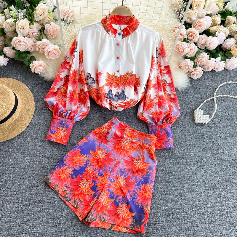 

Women's Tracksuits Women's Spring Summer 2022 Fashion Suit Vintage Printed Two Piece Set Loose Blouse Tops High Waist Leg Shorts Female, Red