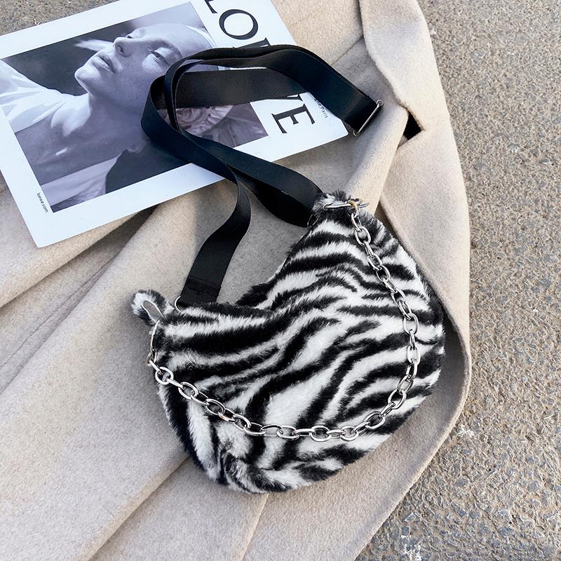 

Evening Bags Zebra Cow Pattern Women's Soft Plush Shoulder Winter Furry Ladies Underarm Bag Chain Strap Female Small Purse Messenger