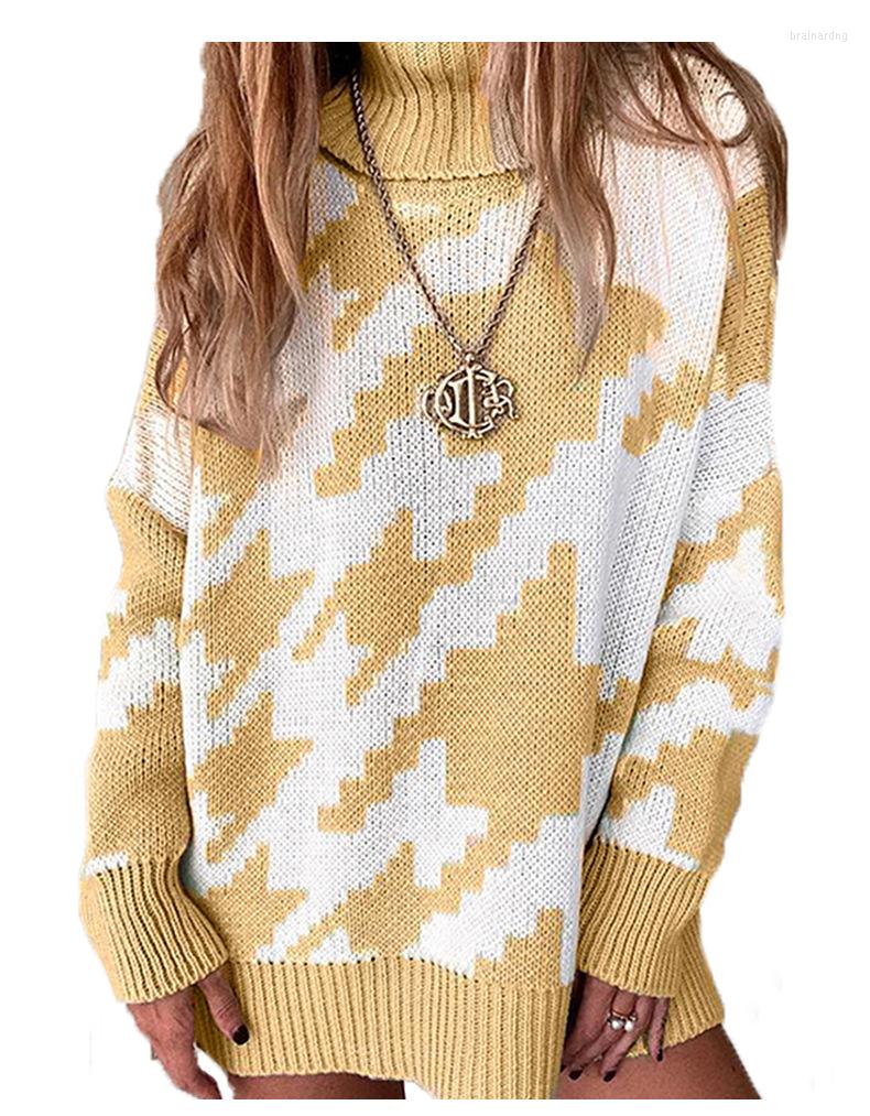 

Women' Sweaters Women' Warm Winter Turtleneck Sweater Thick Knitted Houndstooth Loose Office Long-sleeved Pullover, Black
