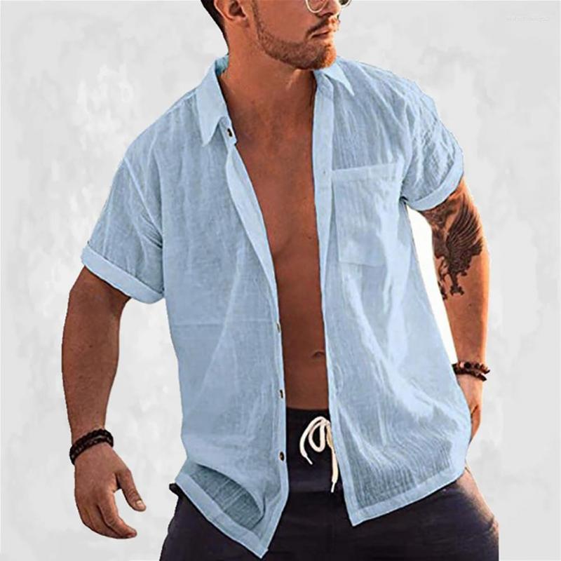 

Men' Casual Shirts Solid Color Pocket Lapel Men Shirt Loose Quick Dry Firm Stitching Tops Short Sleeve Single-breasted Summer For Dating, Blue