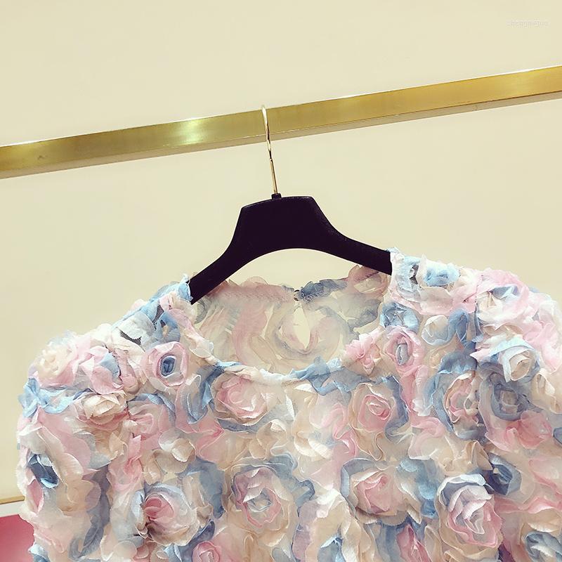 

Women' Blouses 2022 Summer Color Three-Dimensional Flower Puff Sleeve Princess Top Women' Chiffon Mesh Blouse Lady Crop Blusa, Picture color