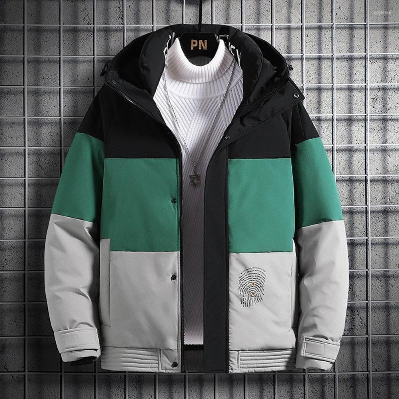 

Men's Down Autumn Winter Parka Jacket Men With Hood Patchwork Streetwear Warm Hooded Coat Fashion Clothing Thicken Puffer, Coffee
