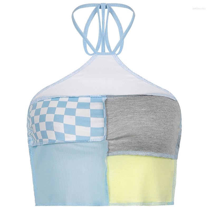 

Women' Tanks Fashion Color Matching Print Halterneck Crop Top, Pink