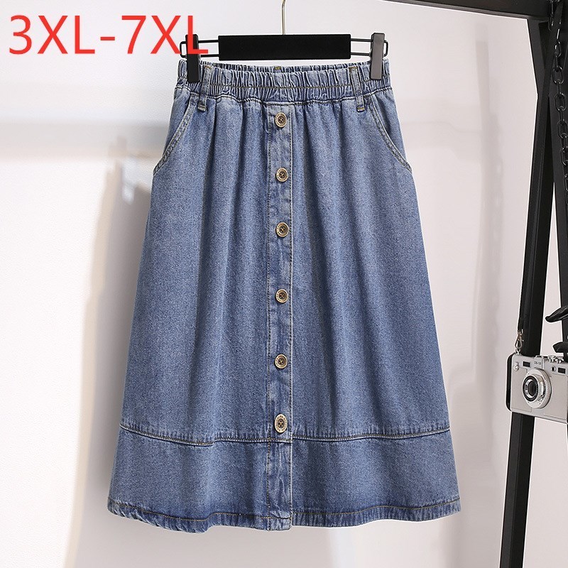 

Plus size Dresses Spring Autumn Plus Size Women Denim Midi Skirt For Women Large Casual Cotton Aline Blue Button Skirts 4XL 5XL 6XL 7XL 221006