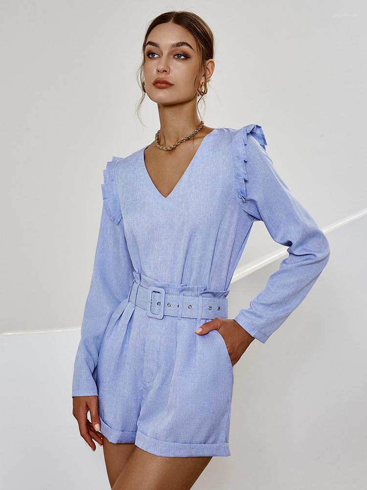 

Women' Tracksuits BerryGo 2022 Autumn Blue 2 Piece Sets Women Elegant Flutter Sleeve V-neck Top Paperbag Waist Belted Short Lady Casual