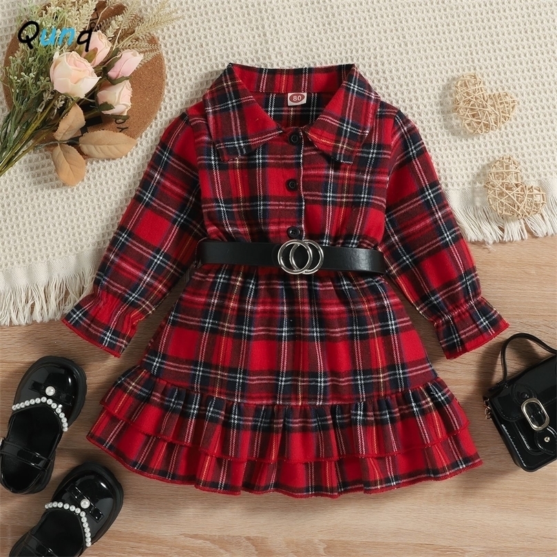 

Girls Dresses Qunq Autumn Winter Girls Princess Christmas Dress Ground English Plaid and Belt Falbala Dresses Casual Kids Clouthes Age 3T8T 2201006, Red