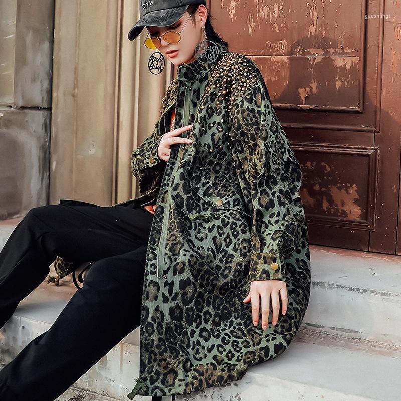 

Women's Trench Coats Long Coat Women Pearl Windbreaker Runway Camouflage Leopard Print Jacket Drawstring Oversize Stylish Street Outfits