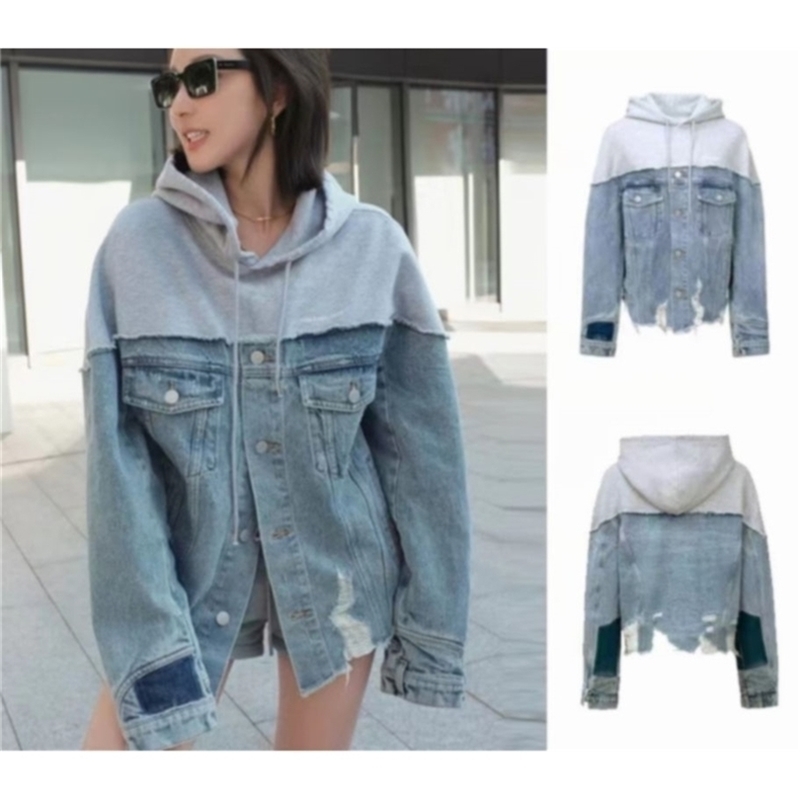 

Womens Jackets 756030 women denim Frayed patchwork hoodie jacket Fashion loose sweater design Long Sleeve luxury sports streetwear coat 220930, Blue