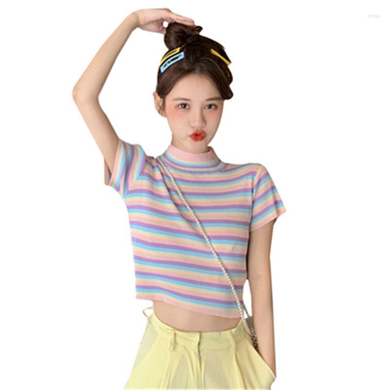 

Women's Blouses 2022 Summer Women Streetwear Rainbow Color Stripes Shirt Female Short Sleeve Loose Casual Blouse Lady Bottoming Slim Tops, Picture shown