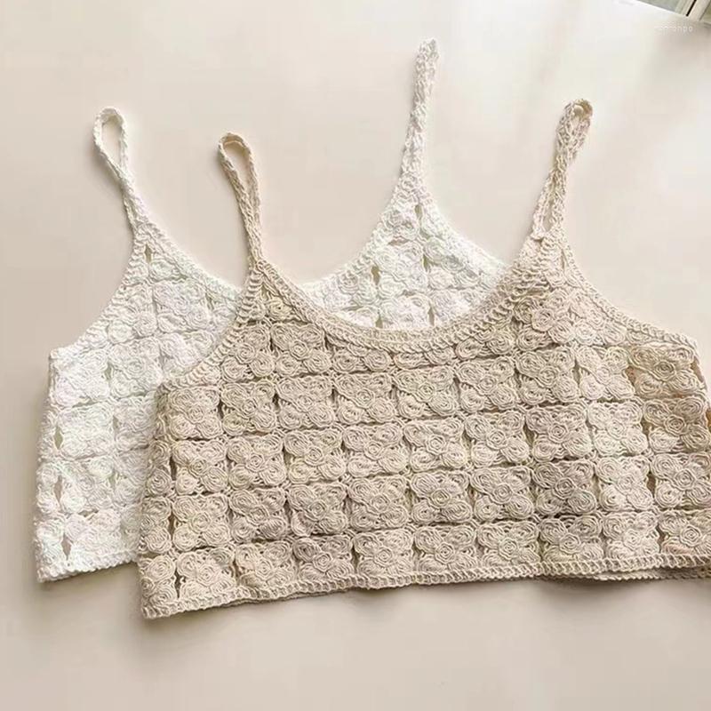 

Women's Tanks Women Spring Sleeveless Cropped Tank Top Boho Hollow Out Crochet Knit Plaid Floral Camisole Spaghetti Strap Bustier Sweater, Apricot