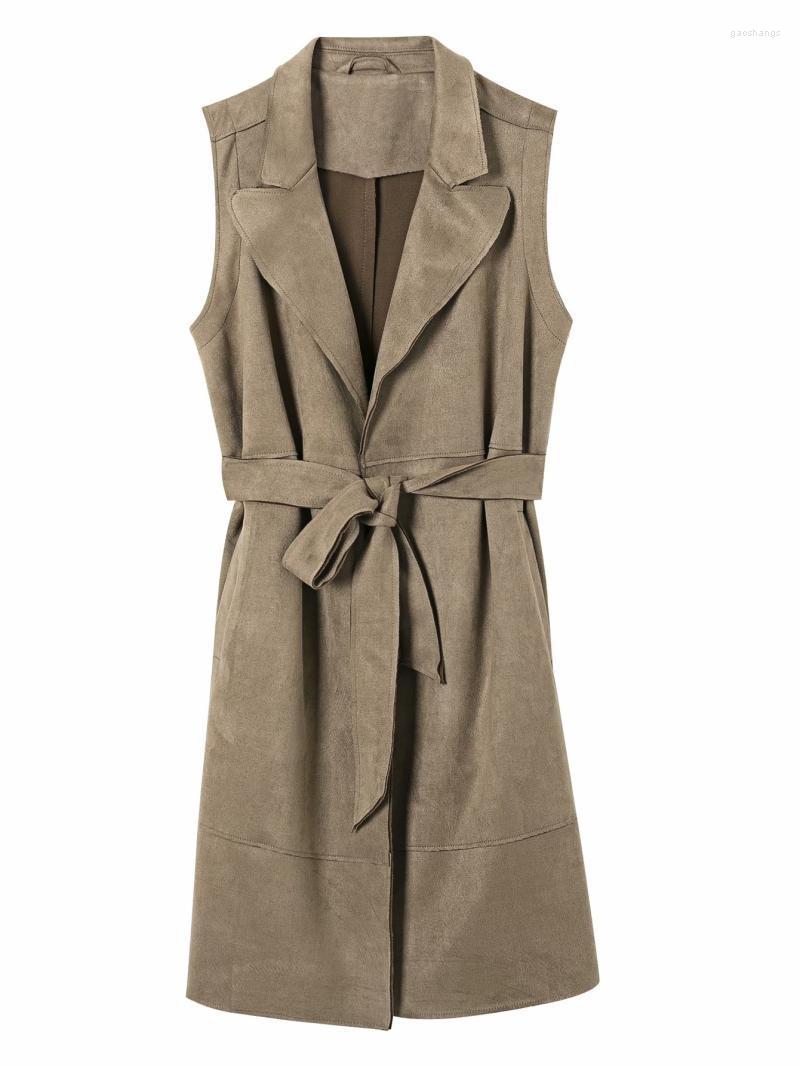 

Women's Vests Autumn And Winter Women's Mid-length Waistcoat Jacket Belt Temperament One Hundred Towers Long Windbreaker, Khaki