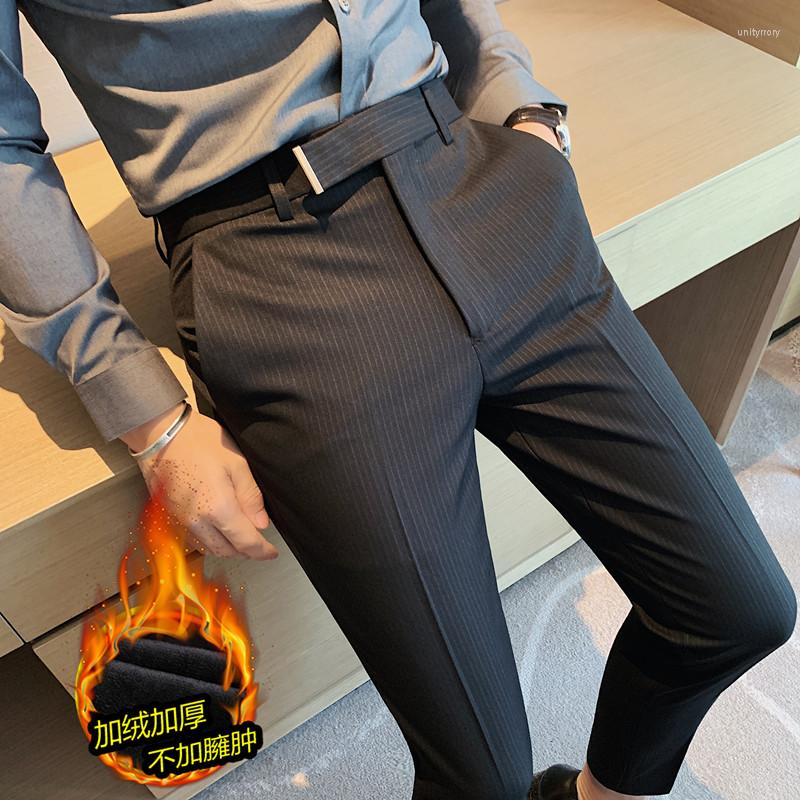 

Men's Suits Plus Size 38 36 Winter Thick Warm Striped Dress Pants For Men Clothing 2022 Business Formal Wear Slim Fit Casual Office Trousers, Black