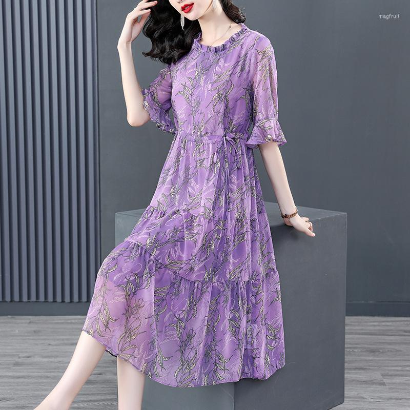 

Casual Dresses 2022 Purple Printing Short Sleeve O-Neck Dress Summer Fashion Light Beach Women Korean Elegant Party, Lavender
