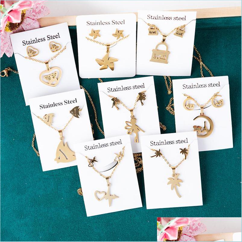 

Earrings Necklace Gold Color Stainless Steel Necklace Earring Set Heart Ees Lock Coconut Tree Animal Jewelry Sets For Wome Vipjewel Dhpjf, Golden