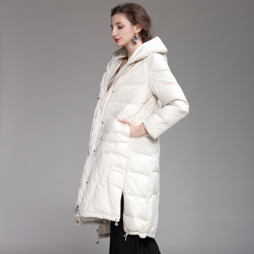

Women's Down Parkas Winter Asymmetric Length hooded thicker warm duck down parkas female over the knee longer oversized fluffy duck down coat F271 220930, White
