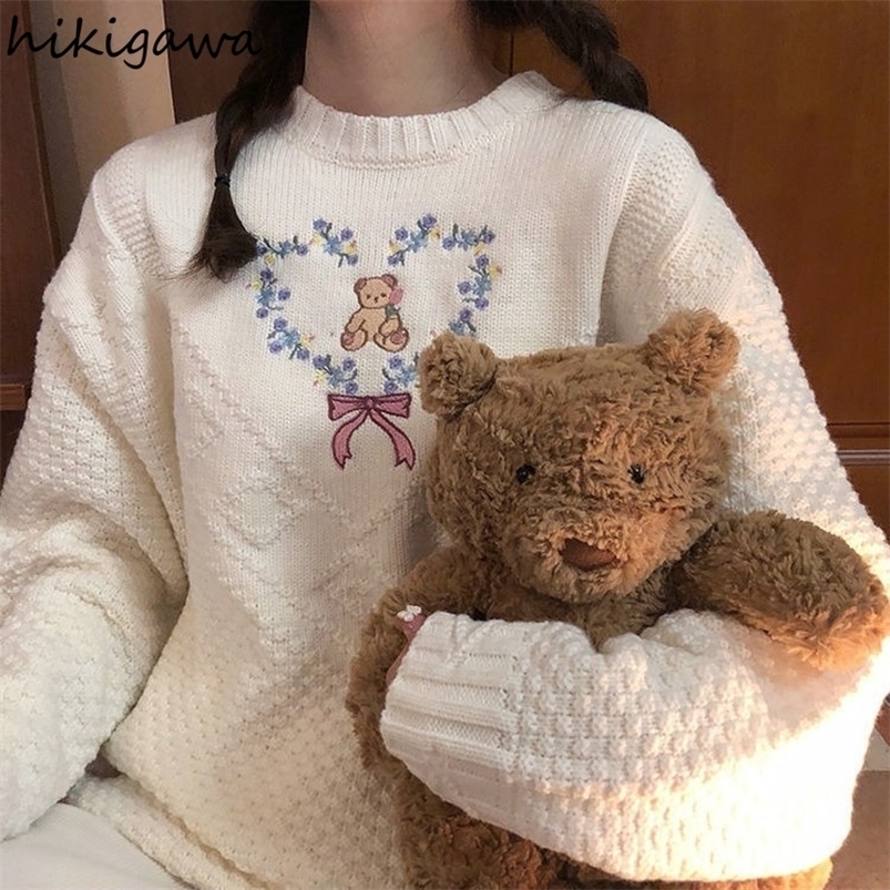 

Women' Sweaters Women' Clothing Oversized Pullovers Sweet Casual Pull Femme Embroidery Bear Korean Knitted Sweater Coat Sueter De Mujer 221006, White
