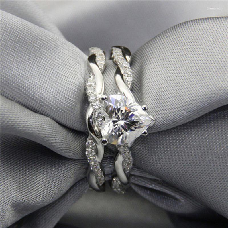 

Wedding Rings Fashion Crystal Heart Shaped Set Women Zircon Engagement Proposal Whiter Gold Color Ring Jewelry