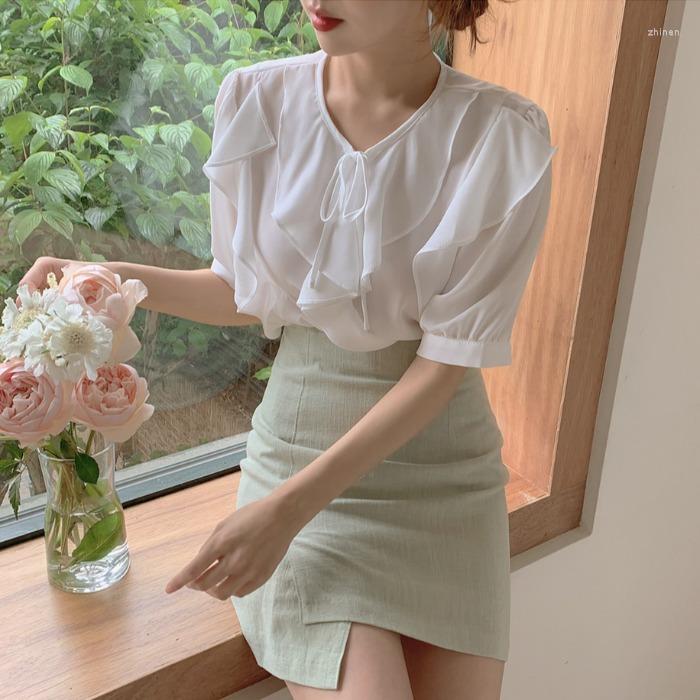 

Women' Blouses Sleeve Chiffon Japan Kawaii Lolita Style White Shirt Elegant Ruffles Lace Up Women Summer Girl' Top