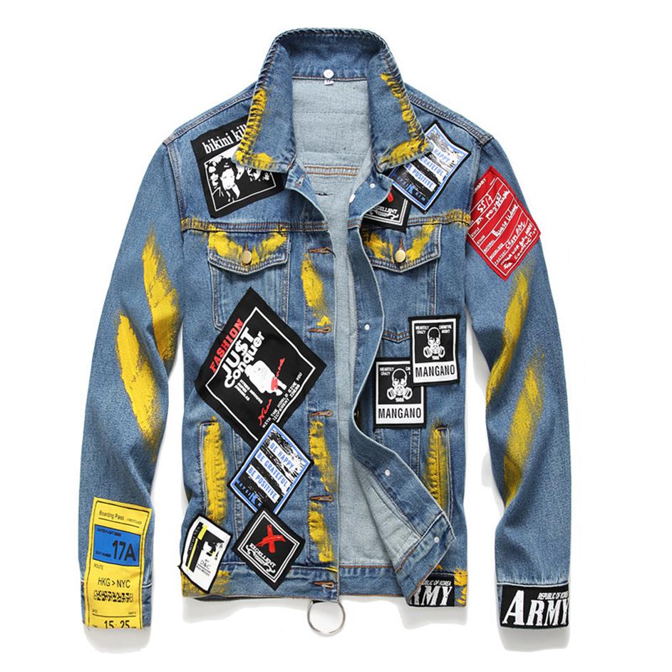 

Mens Designer Denim Badge Jacket Personality Graffiti Patchwork Pockets Fashion Skateboard Hip Hop Jean Jackets Loose Casual Autum267S, As the pictured