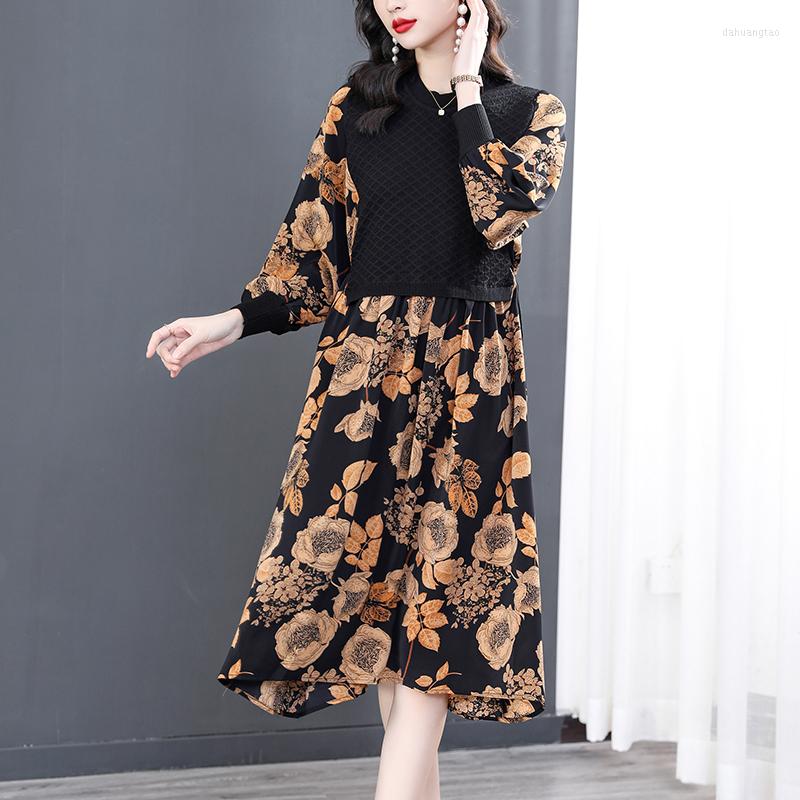 

Casual Dresses Large Size Literary Retro Knitted Stitching Dress 22 Spring And Summer Women's Silk Print Loose Temperament Mid-Length, Picture shown