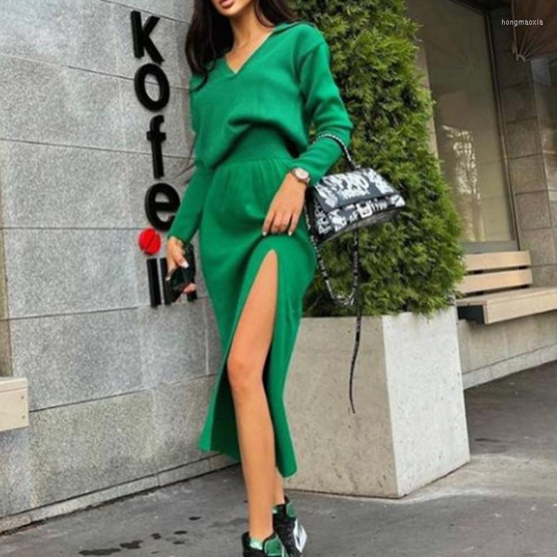 

Casual Dresses Ladies Fashion Elastic Waist Knit Dress Elegant Long-sleeve Slim-fit Party Sexy V-neck High Slit Long, White